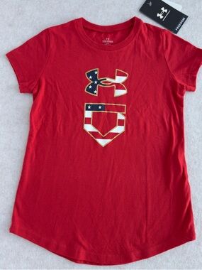 Under Armour Girls Freedom Logo T-Shirt Red Patriotic Flag NWT NEW